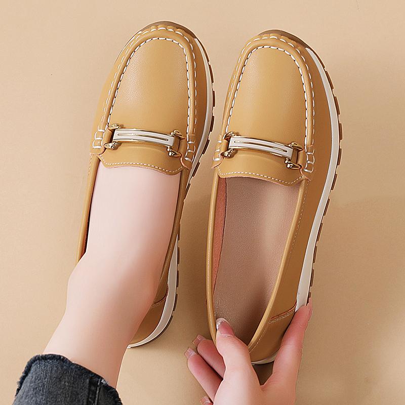 Pacecraft Shoes Women's Cowhide Loafers with Metal Buckle, Comfortable Casual Flat Shoes