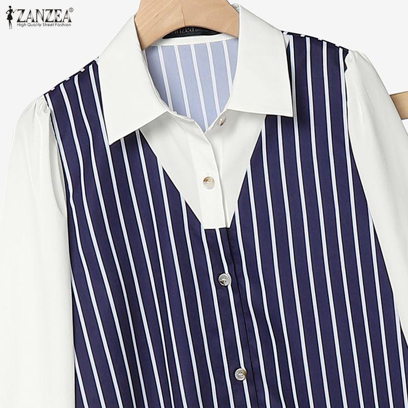 ZANZEA Women Splice Long Sleeve Blouse and Long Skirts Stripe Print Two Piece Sets