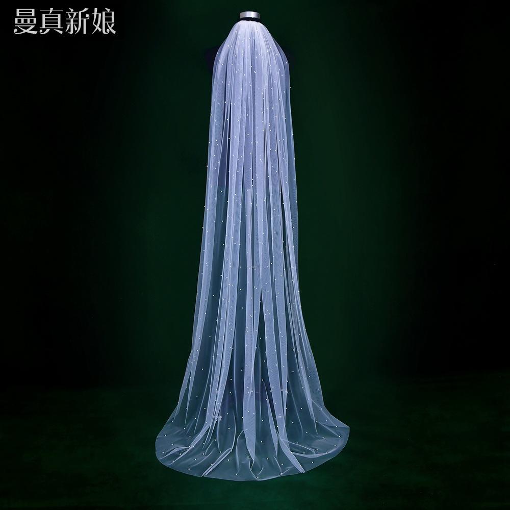 All Over Scattered Pearl Sheer Tulle Bridal Veil, Single Layer Plain Ivory Wedding Veil For Lace Satin Gown Pre-Wedding Elopement Portrait Shoot