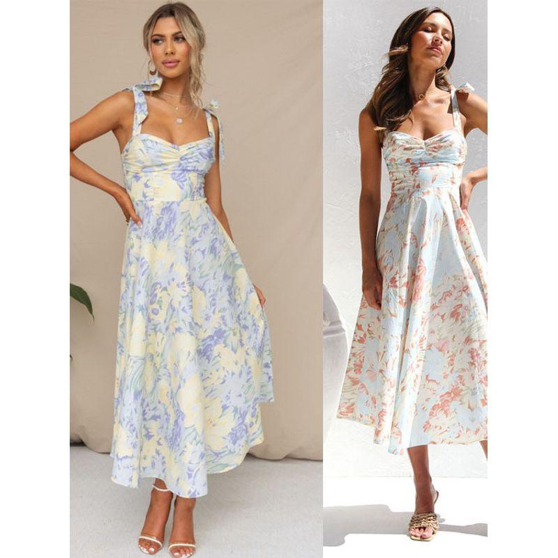 V-neck Camisole Printed Dress for Womenv Collar Sling Print Dress Women