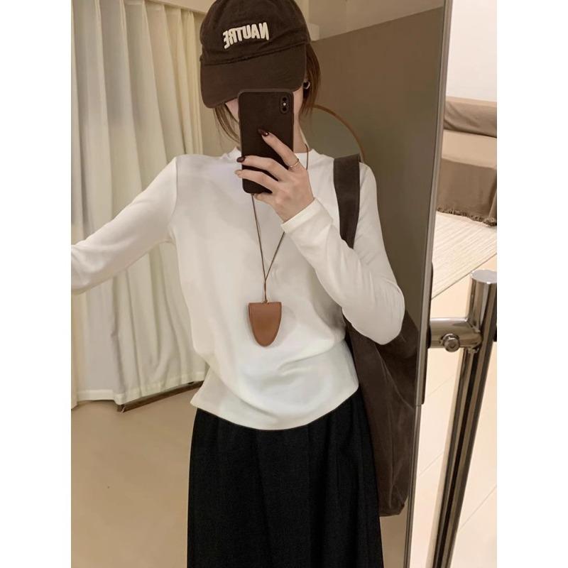 Crew Neck Basic Top Women's Spring Thickened Abraded Inner Warm Long-sleeved Bottoming Shirt White T-shirt