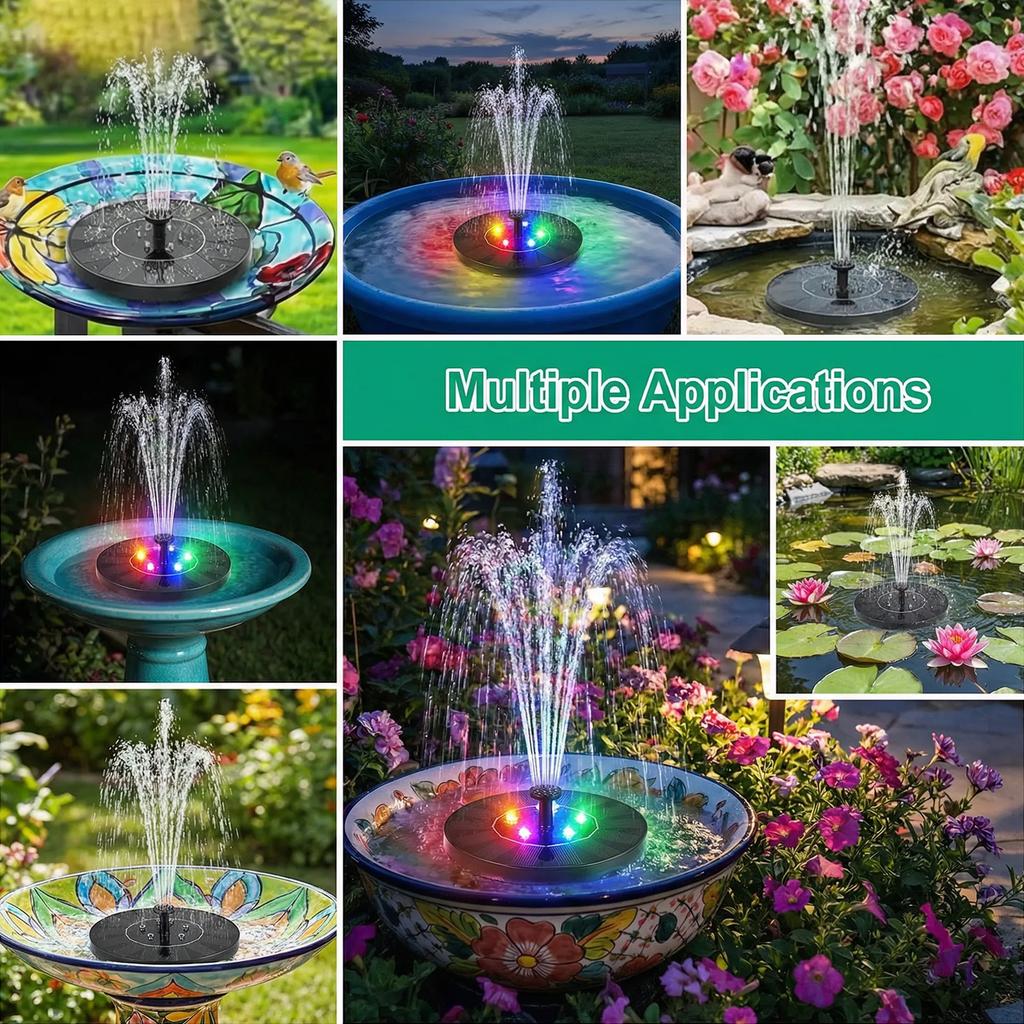 Solar Powered Water Fountain Garden Solar Fountain Pump with Colorful Light Show and 7 Nozzles Outdoor Decoration for Bird Bath