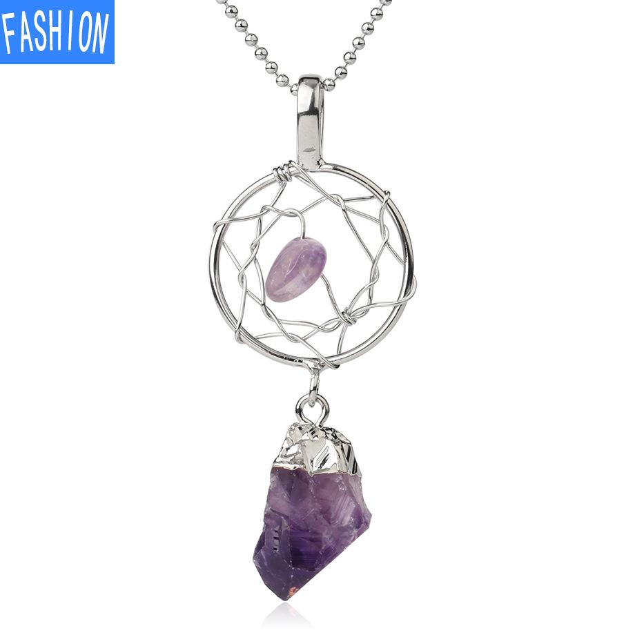 

Ожерелье ручной работы из сплетения снов с подвеской из натуральных кристаллов и нерегулярными кристаллами amethyst