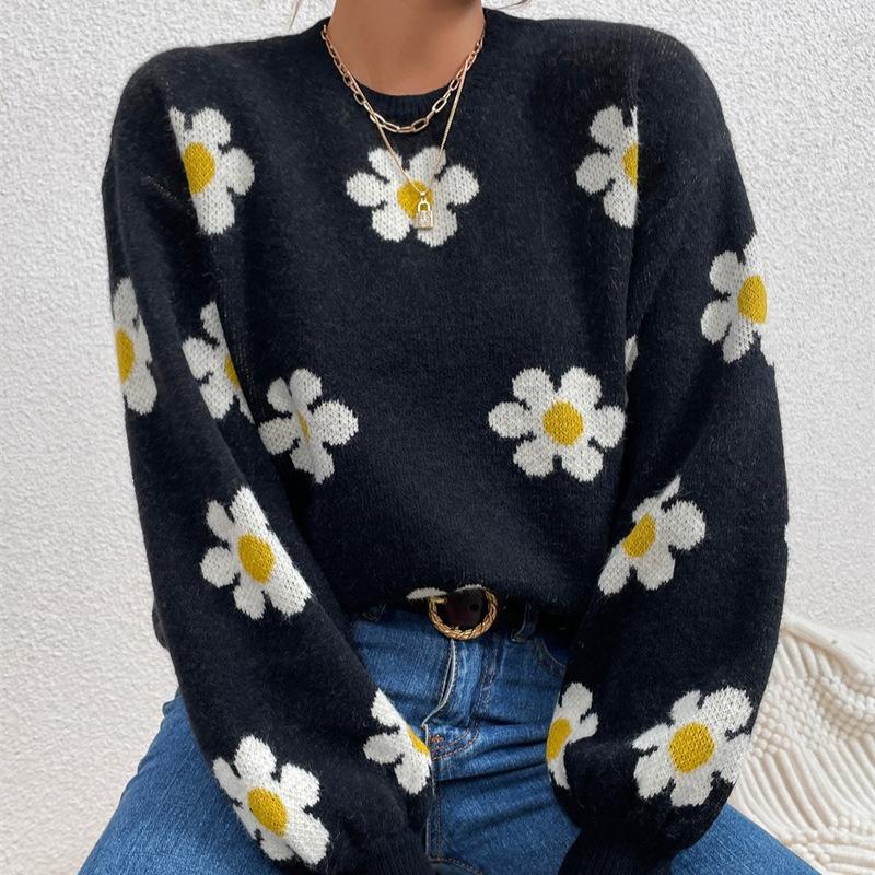 Höst Vinter Rundhals Stickad Pullover Tröja Dam Mode Söt Långärmad Lös Tröjor Dam Krysantemumtryck Varma Stickade Toppar 24638