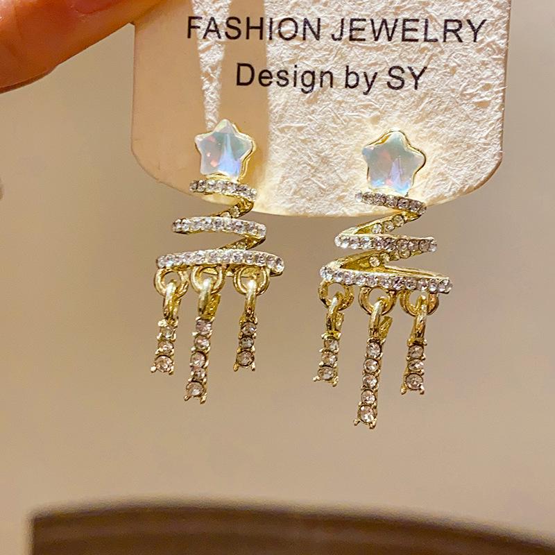 Exquisite Silver Needle Diamond Spiral Tassel Earrings - Luxurious & Versatile for Women