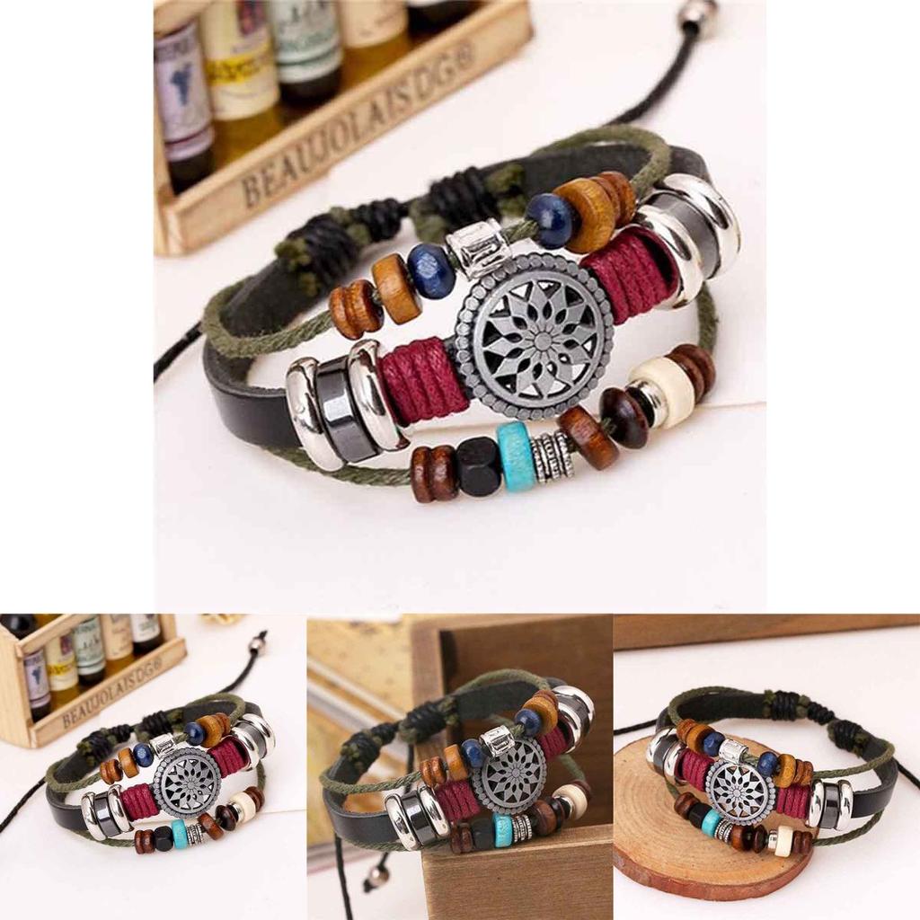 Vintage Handmade Pu Leather Bracelet With Creative Beads For Unisex Style And Elegance