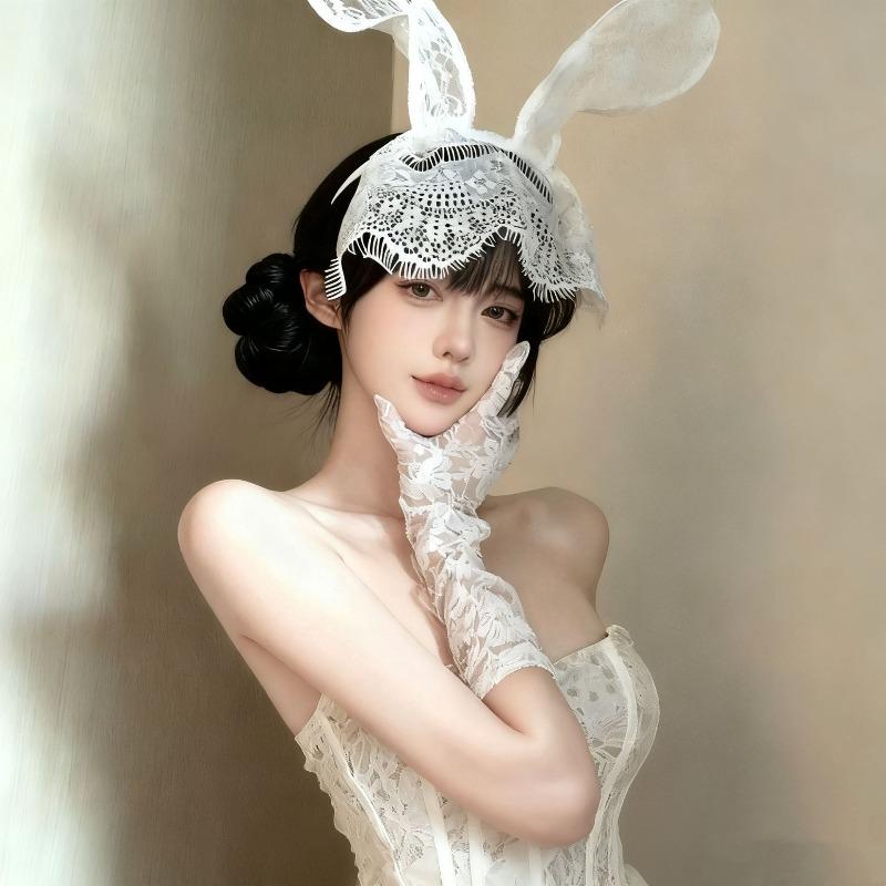 Party Banquet Pure Erotic White Lace Rabbit Ear Hairband for Photography Props for Female Models Decoration