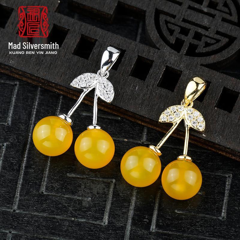 

925 Sterling Silver & Gold Plated Artificial Pearl Amber Pendant Necklace with Cherry Empty Setting Sterling Silver Pendant Setting 8-10mm [Platinum]