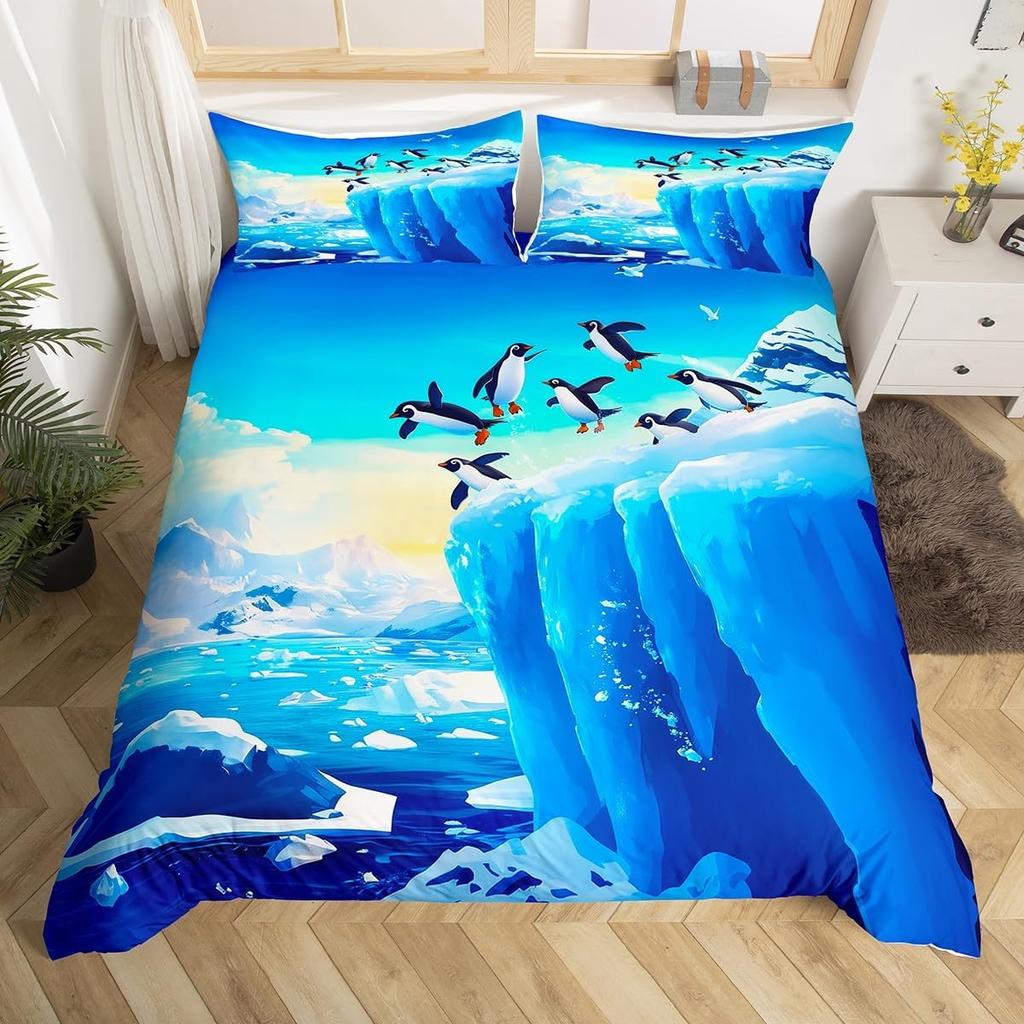 Penguin Duvet Cover Twin Queen Size Antarctic Animal Bedding Set For Kids Boys Girl Cartoon Black White Wildlife Comforter Cover