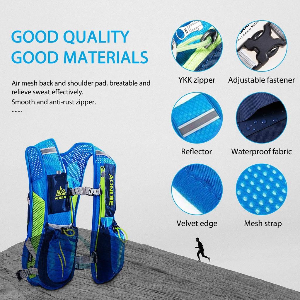 HEARTST Running Bag Marathon Backpack Daypack Lightweight Breathable Waterproof Reflective Hydration Bag Backpack 500ml Water 5.5L (Blue + Bottle)