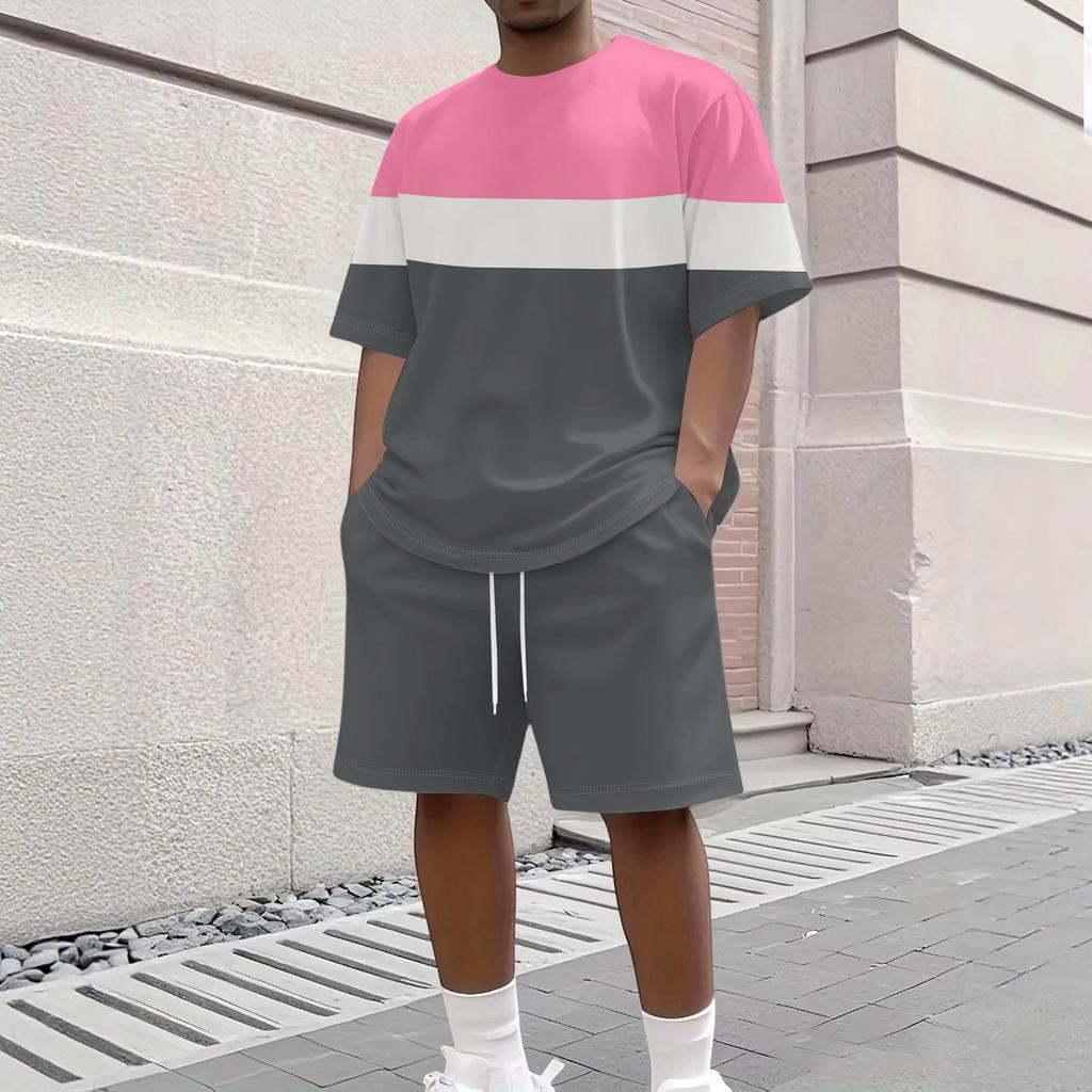 Men Stripe Print Casual Short Sleeve Crewneck Top and Shorts Two Piece Set Relaxed Fit Lightweight Outfit