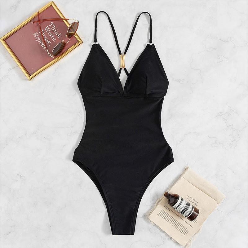 Jumpsuit Sexy Solid Color Bikini Deep V Backless Triangle Swimsuit S чёрный