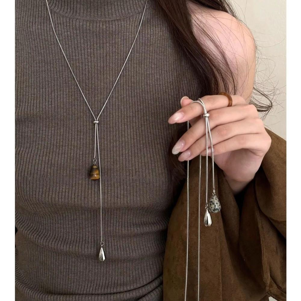 Tigerauge Stein Pulloverkette Titanstahl Anhänger Halskette Einfache Wassertropfenform Halskette