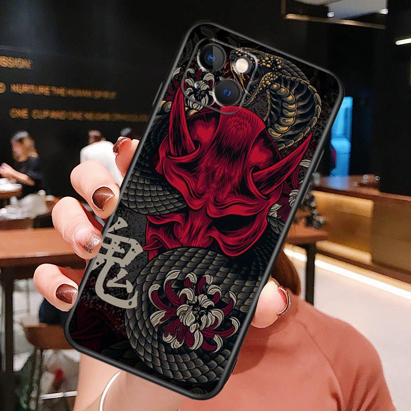 Samurai Oni Mask Phone Case For iPhone 16 Pro Max 15 14 12 11 13 Pro Max Plus 12 13 Mini XR 16e Funda Silione Cover