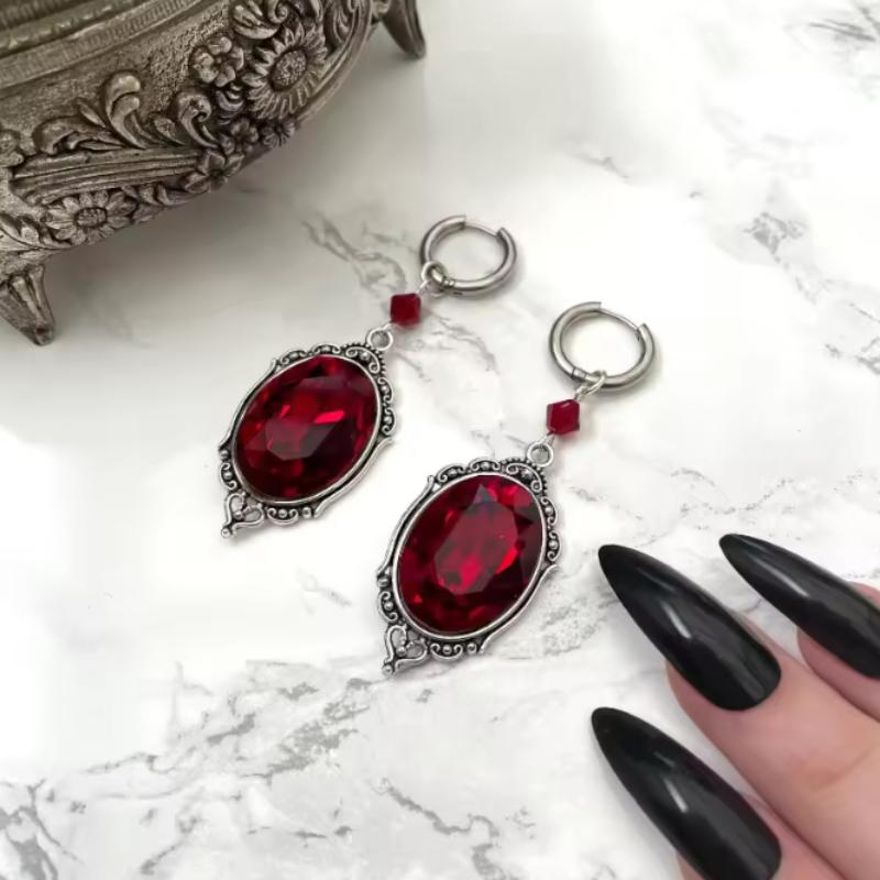 New Gothic Blood Red Color Oval Patterned Pendant Earrings, Women's Retro Trendy Holiday Accessories Zircon