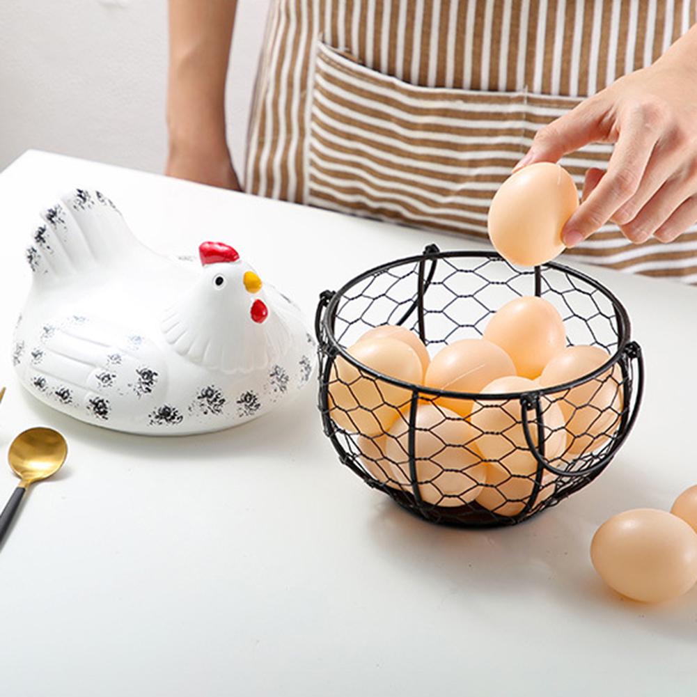 Iron Ceramic Hen Ornament Egg Fruit Storage Basket Container Kitchen Supplies Kitchen Tableware