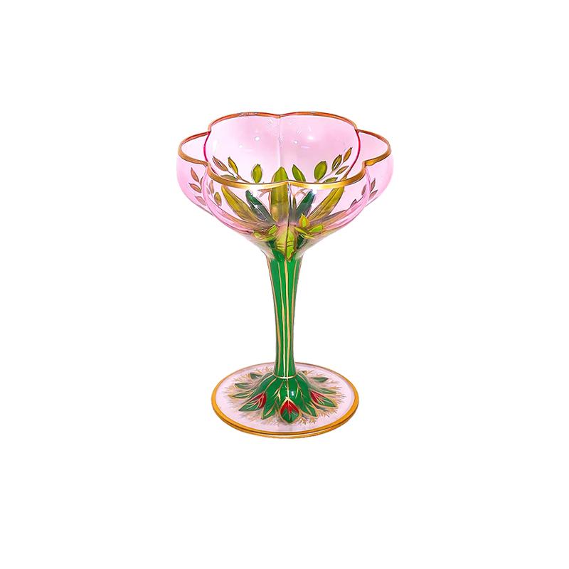 

Vintage Phnom Penh Champagne Wine Glasses Crystal Glass Red Wine Cup Light Luxury Pink Hand Painted Ice Cream Bowl Flower Goblet