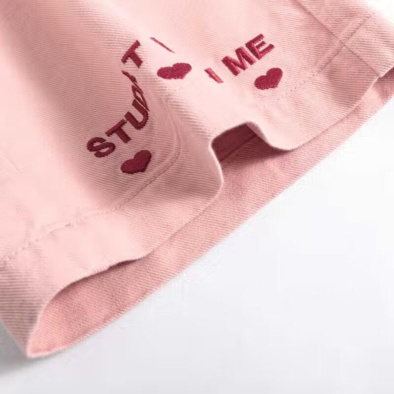 Embroidered Pink Five-point Denim Shorts for Women Korean Summer New Loose Casual Mid-tube A-line Wide-leg Pants