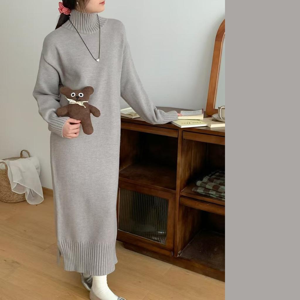 Long Sweater Skirt Autumn and Winter Lazy Style Pullover Thickened Large Size Bottoming Loose Knitted Dress Women