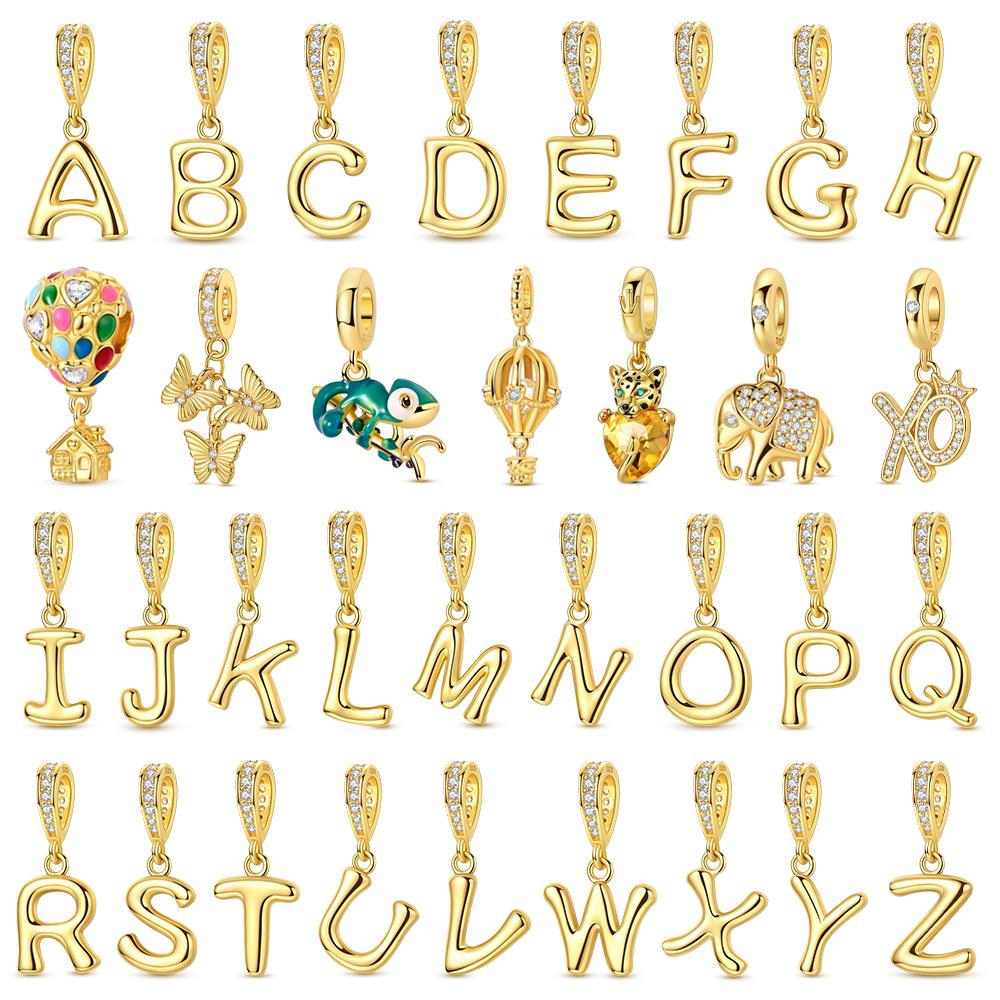 Golden Series Copper Sparkling Elephant Pendant & 26 English Alphabet Dangle Charm Fits Bracelet Exquisite Gift