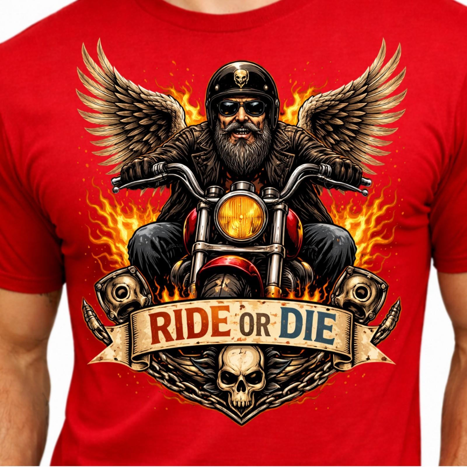 Ride or Die Winged Biker Rider Skull Flaming Motorcycle Vintage Graphic T-Shirt. XL