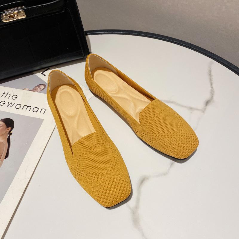 New spring and autumn flying woven single shoes Doudou woven flat bottom square head women's ladyshoes