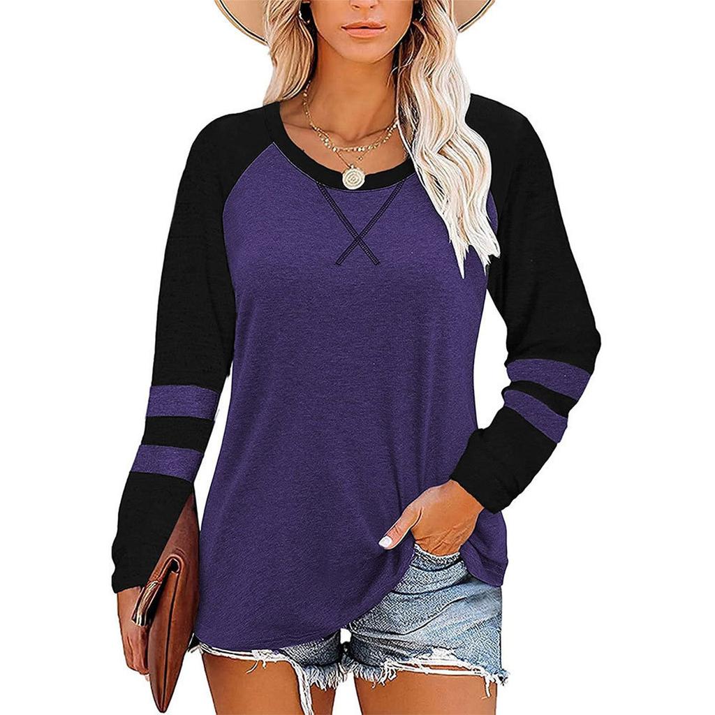 Ladies' Casual And Fashionable Color Blocked Round Neck Long Sleeved Casual Loose T-shirt Top