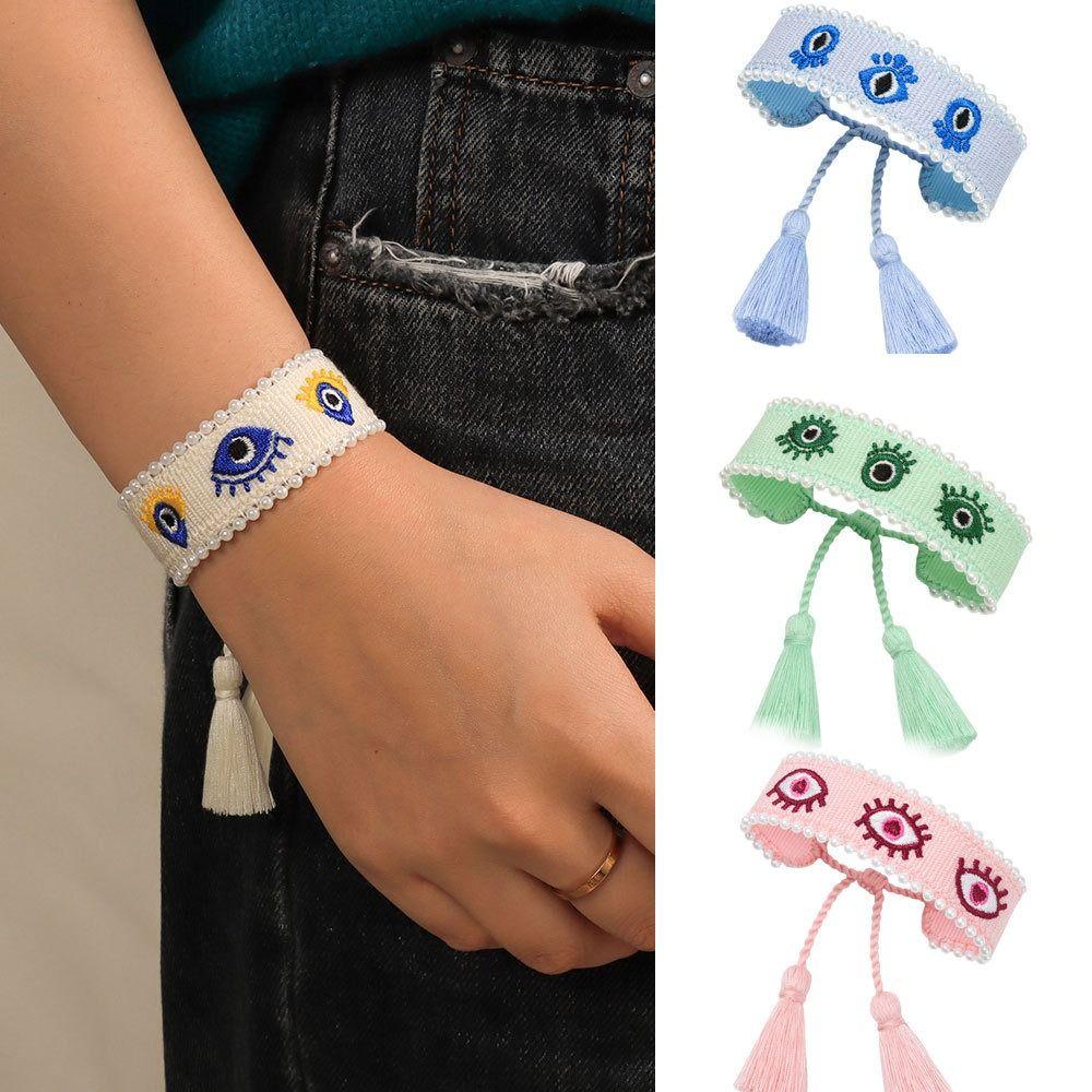 Embroidered Evil Eyes Bracelets Pearl Blue Eyes Bracelet Retro Woven Charm Bracelets  Women Girls