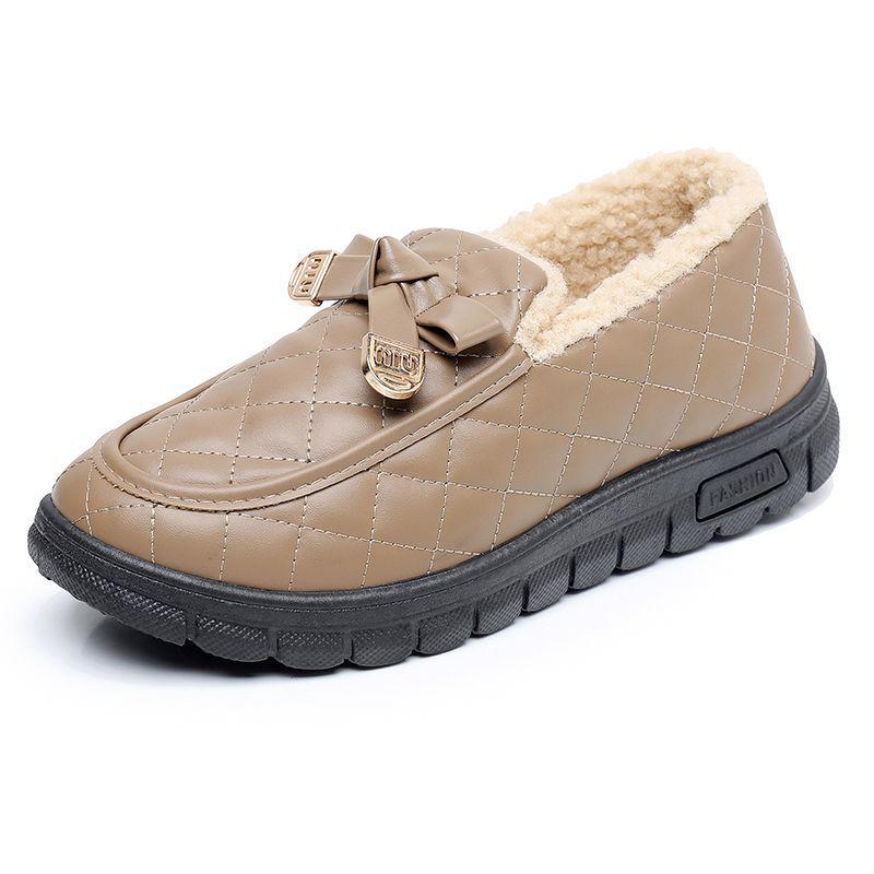 Women's Winter Non-Slip Velvet-Lined Leather Bean Cotton Shoes - Soft Sole, Waterproof, Warm, for Walking