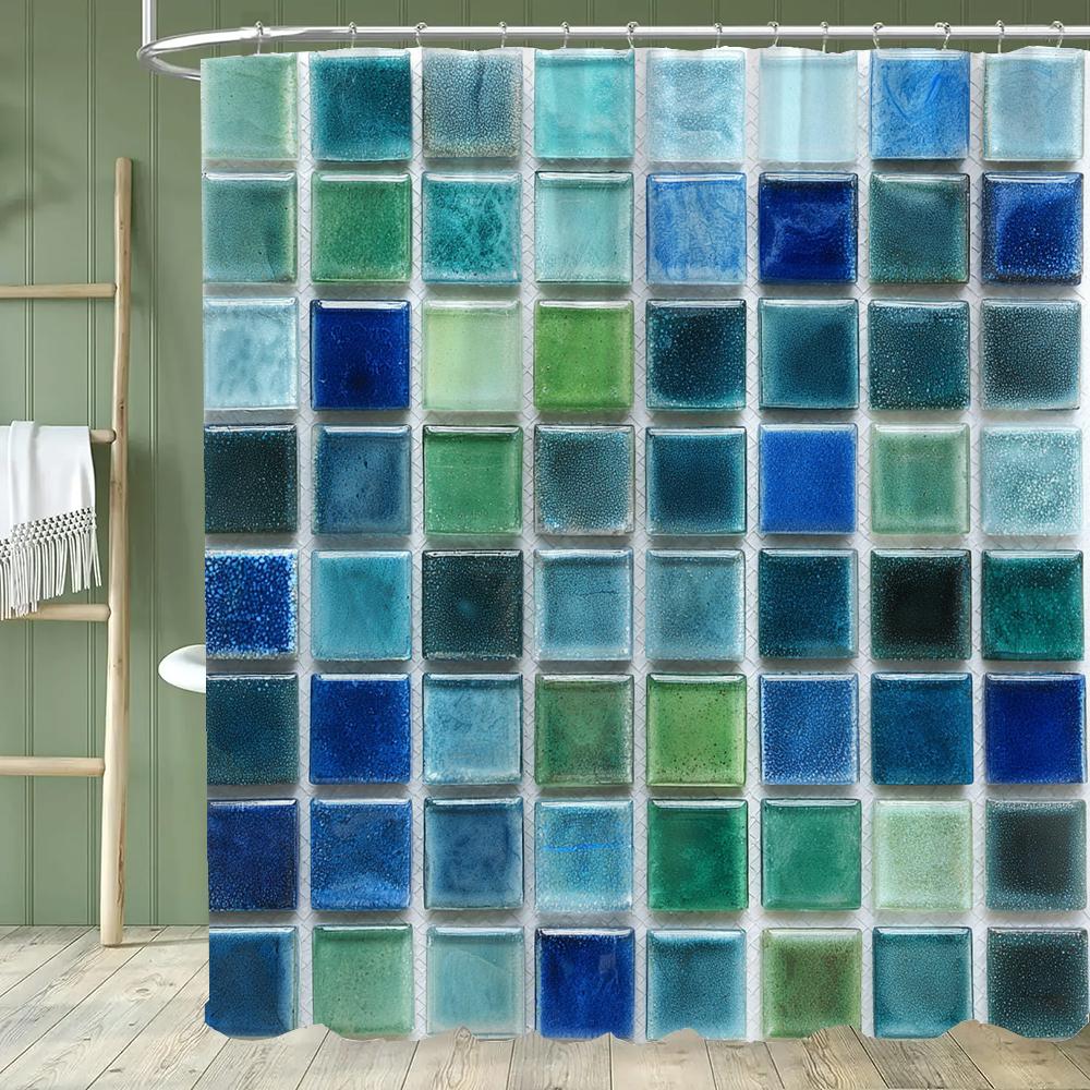 Geometric Square Mosaic Pattern Shower Curtain, Bathroom Decorative Shower Curtain, Waterproof Shower Curtain With Hooks
