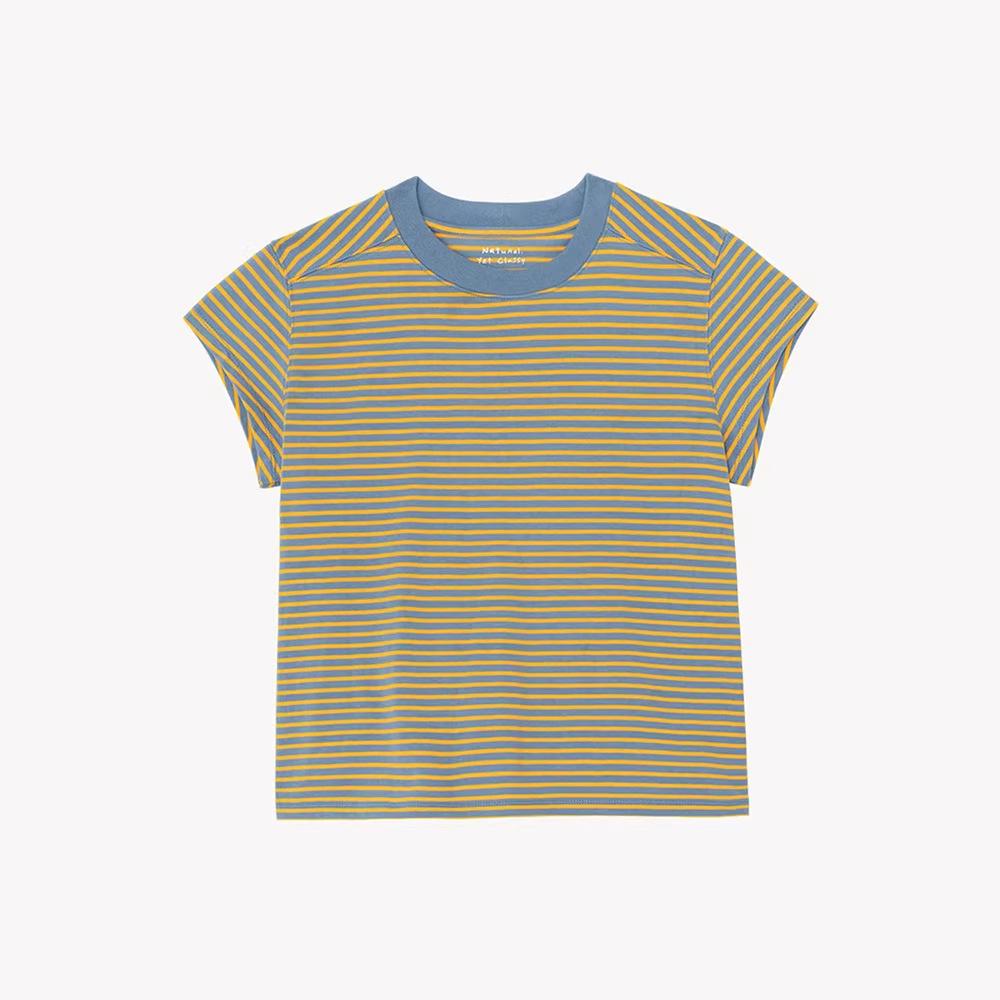 

Moon Dal Women s Retro Color Block Striped T-Shirt - Loose Fit, Round Neck, Korean Style Short Sleeve One Size