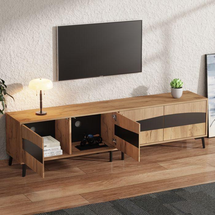 Meuble TV - LEMONBEST - Meuble TV De Salon Moderne - 180x40x50 Cm - 4 Portes - Bois & Noir