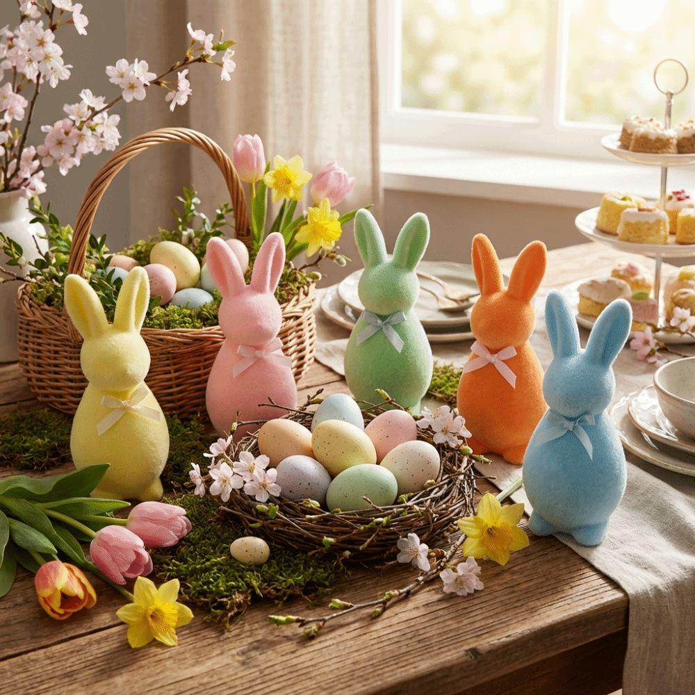 Plush Flocked Rabbit Figures with Bow Rabbit Gnome Doll Easter Bunny Statue Tabletop Ornament
