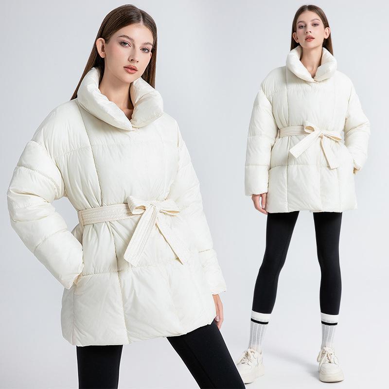 Winter Schlanker Damen Daunen Baumwollparka Knielang Kapuze Gürtel Mantel Gesteppte Jacke