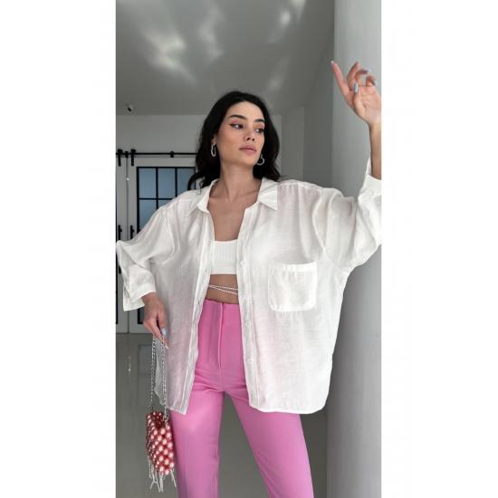 Cămașă de damă cu buzunar supradimensionat, cu umăr în jos