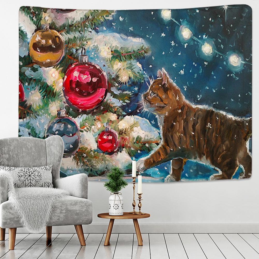 Christmas Art Wall Hanging Tapestry Christmas Tree and Cat Christmas Animal New Years Party Elk Yoga Blanket