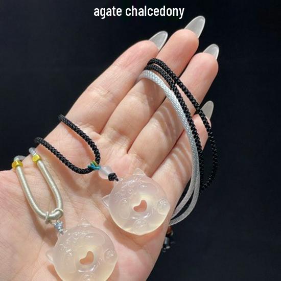 Ice-Type White Agate Totoro Cat Pendant Necklace Unisex Anime Jade Stone