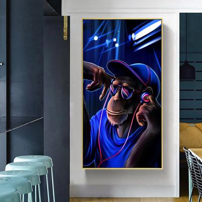 Poster DJ Music Monkey Pittura Domestica Sfondo Blu Dipinti su Tela Arte Moderna Immagine di Animale Arte da Parete Senza Cornice