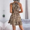 Women Leopard Print Large Size Halter Neck Swing Dress Ruffle Edge Spring Summer