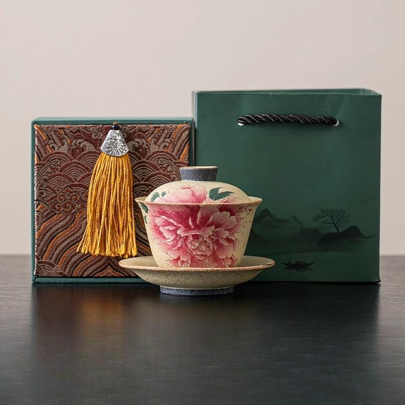 Red Ceramic Three Talents Cover Bowl Tea Maker, Old Retro Peony Small Teapot, Single Household High-end Tea Set