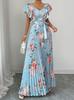 Women Vintage Floral Print Pleated Maxi Dress Ruffle V Neck Self Tie Waist Vacation Long Dress