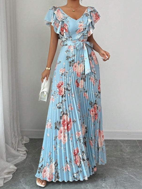 Women Vintage Floral Print Pleated Maxi Dress Ruffle V Neck Self Tie Waist Vacation Long Dress