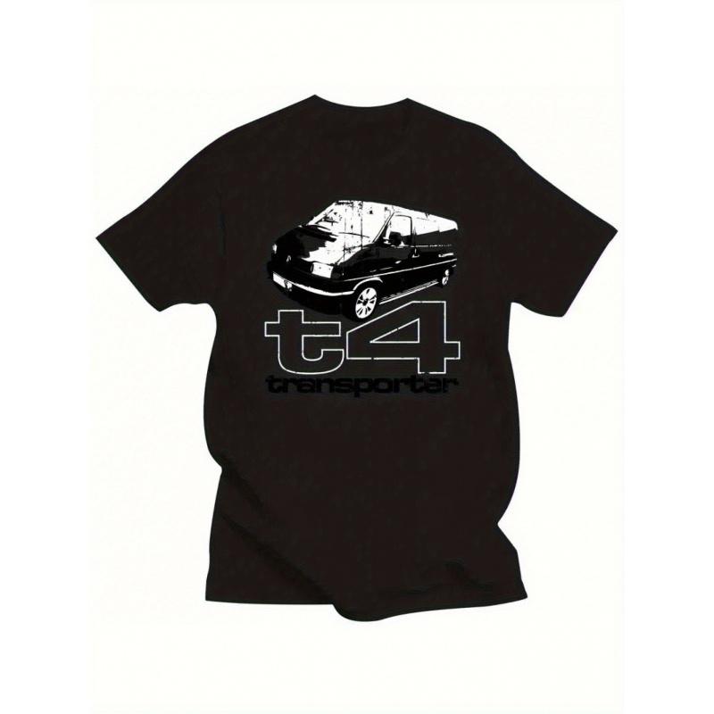 Men'S T4 Transporter Graphic Tee - Black Featuring a White Car Design, Casual Short Sleeves, Crew Neck, Ideal for Any Season, Stretchy Material,