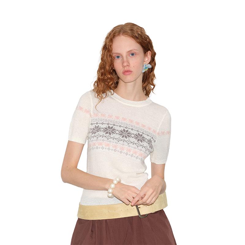 

GREEN BELT Anti-Pilling Fair Isle Knit Short-Sleeve Top M