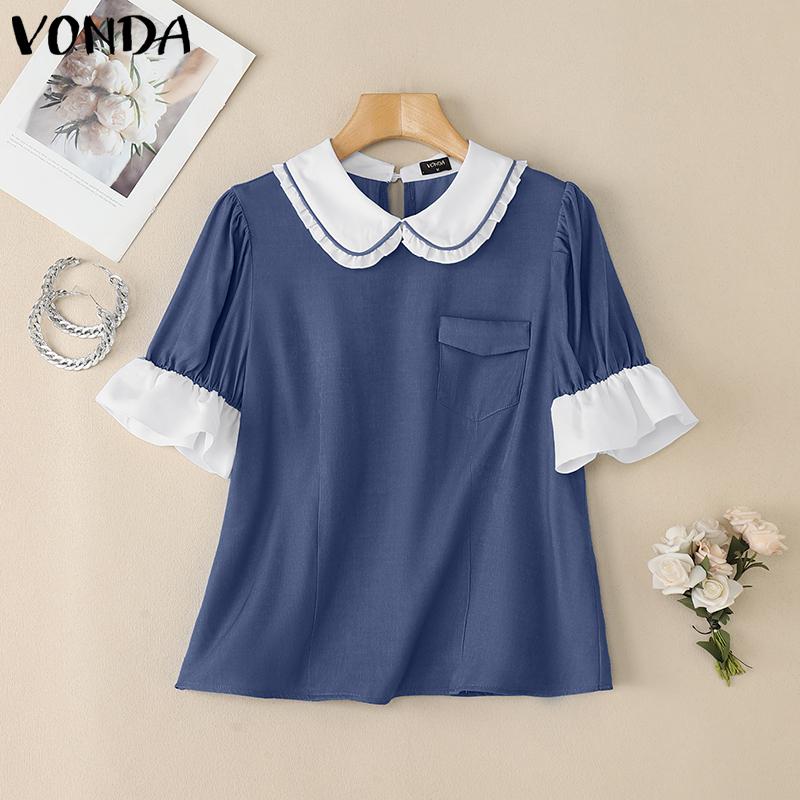 

VONDA Женская летняя блузка кэжуал с кукольным воротником, оборками и лоскутным шитьем 2XL