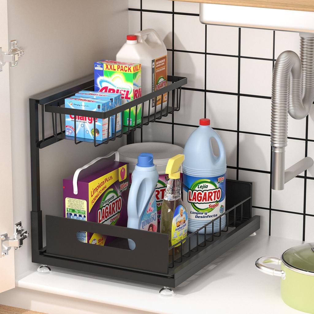 2-tier Under Sink Storage Organizer,Ajustable Sliding Cabinet Storage Basket,Kitchen Storage Rack with Suction cups,Pull Out Cab