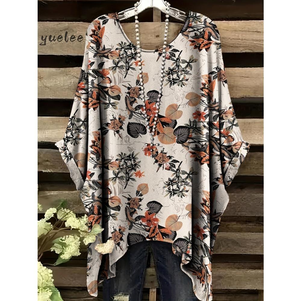 T-shirt Estiva Elegante Bohemien Bicolore da Donna con Stampa Floreale a Forma di Cuore e Farfalla, Scollo Tondo, Blusa Casual, Abbigliamento Bohemien da Donna