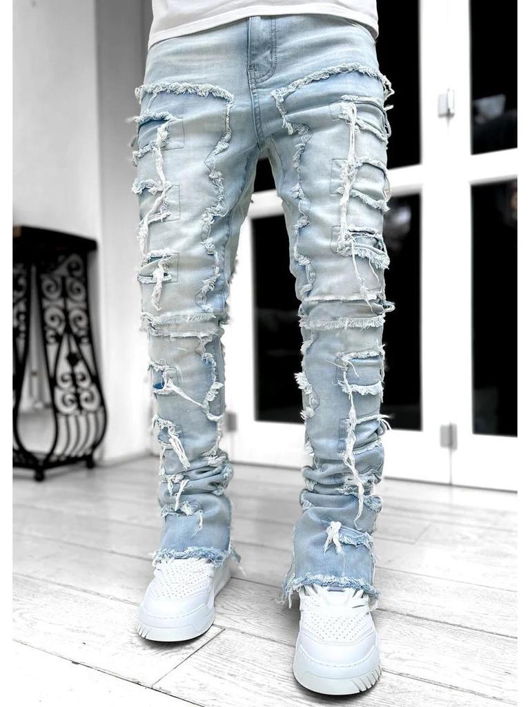 Men's Fashion Trend Elastic Tassel Patchwork Straight-Leg Jeans