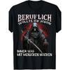Men's Black Short-sleeve Crew Neck Tee with Grim Reaper Graphic, Soft Cotton Feel, Sarcastic German Text Print, Casual Daily Wear