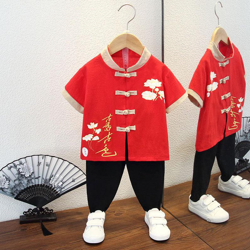 Completo Estivo da Ragazzo a Maniche Corte Stile Cinese per Bambini Hanbok Bello Completo Tang Cotone Lino Sezione Sottile di Abbigliamento Antico